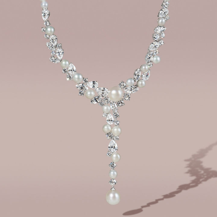 Classic Pearl: Sterling Silver Rhodium Plated Necklace with Princessl and Cluster CZ