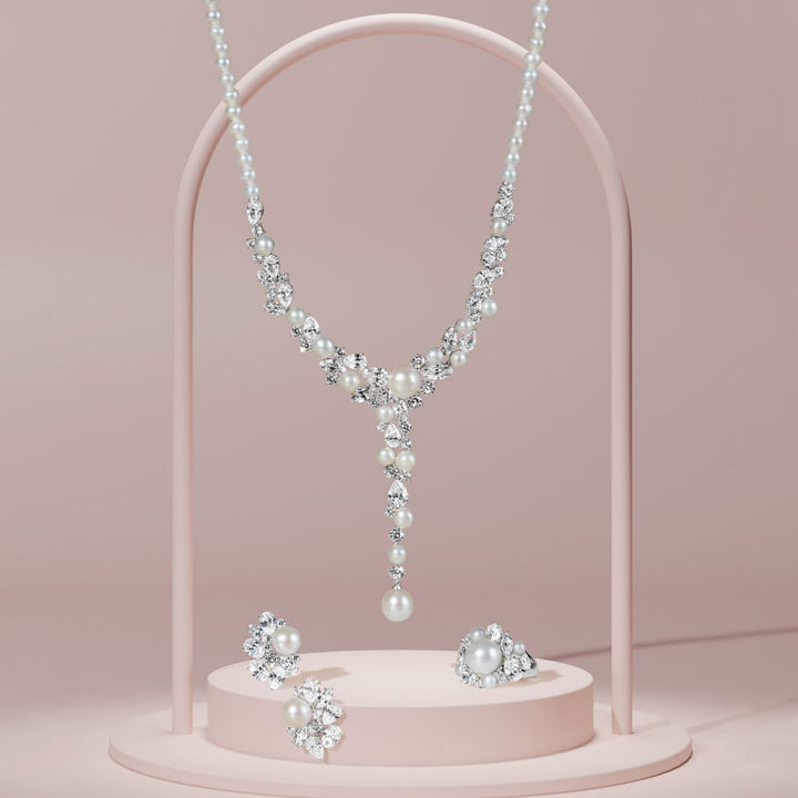 Classic Pearl: Sterling Silver Rhodium Plated Necklace with Princessl and Cluster CZ