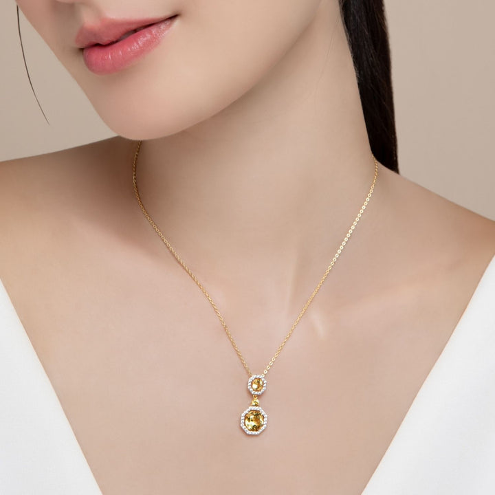 Decorum: Sterling Silver 23K Gold Plated Citrine Nanocrystal Round Cut and CZ Pendant Necklace