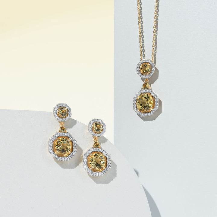Decorum: Sterling Silver 23K Gold Plated Citrine Nanocrystal Round Cut and CZ Pendant Necklace