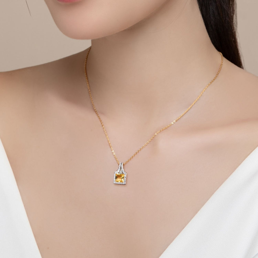 Decorum: Sterling Silver 23K Gold Plated Citrine Nanocrystal Princess Cut Halo Pendant Necklace