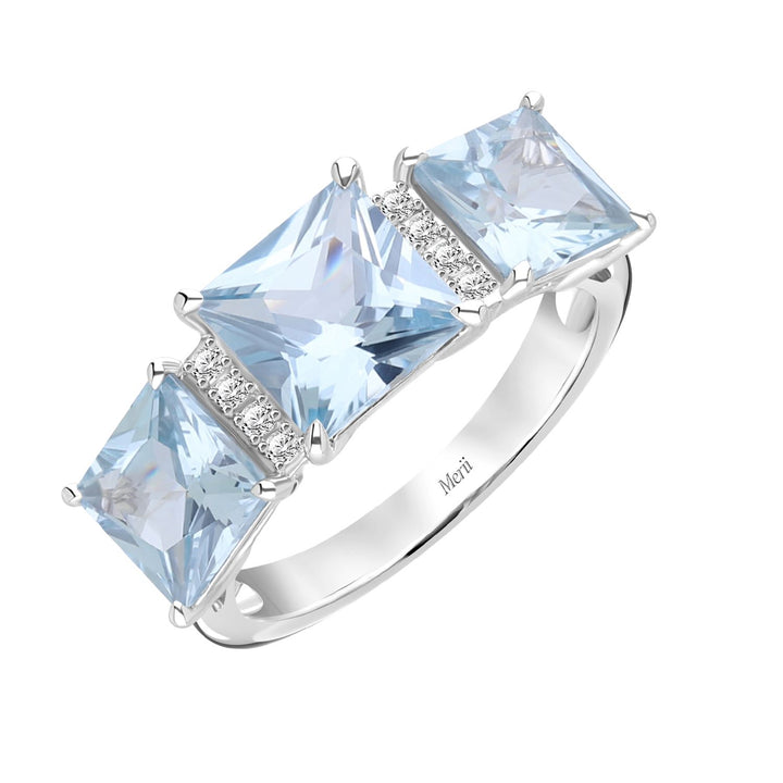 Decorum: Silver Rhodium Plated Synthetic Aquamarine Princess Cut Ring