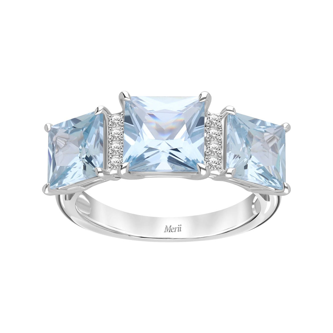 Decorum: Silver Rhodium Plated Synthetic Aquamarine Princess Cut Ring