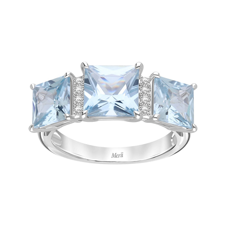 Decorum: Silver Rhodium Plated Synthetic Aquamarine Princess Cut Ring
