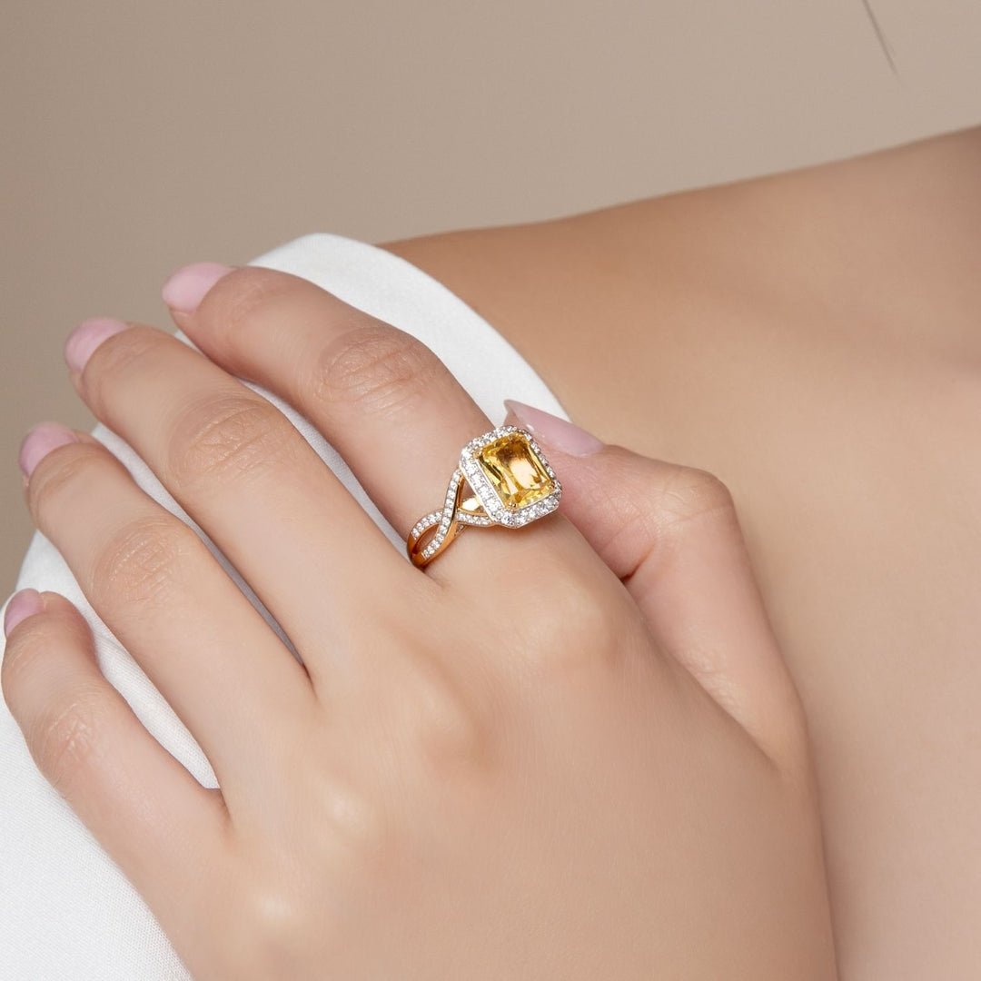 Decorum: Sterling Silver 23K Gold Plated Citrine Nanocrystal Cushion and CZ Ring