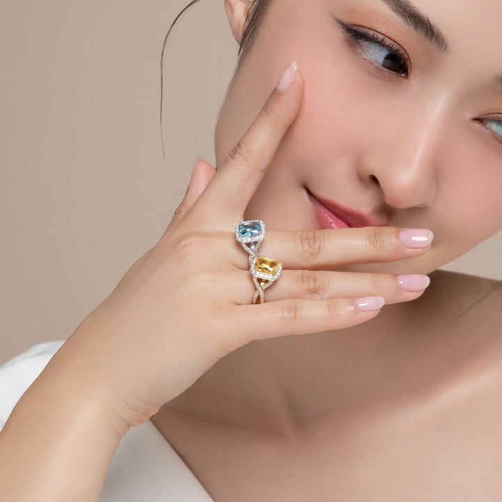 Decorum: Sterling Silver 23K Gold Plated Citrine Nanocrystal Cushion and CZ Ring