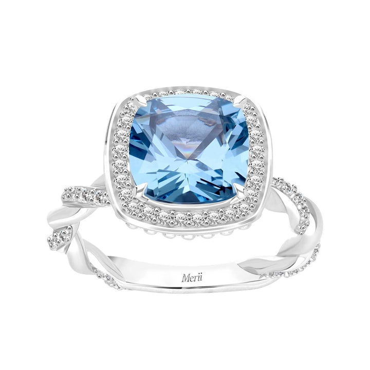 Decorum: แหวนเงินชุบโรเดียมประดับ Synthetic Aquamarine Spinel ทรง Cushion และเพชร CZ