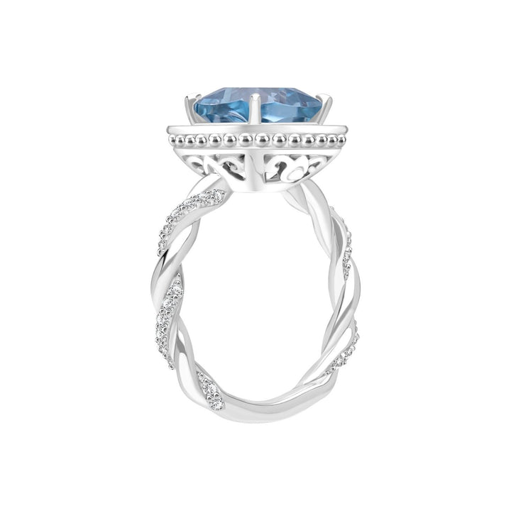Decorum: แหวนเงินชุบโรเดียมประดับ Synthetic Aquamarine Spinel ทรง Cushion และเพชร CZ