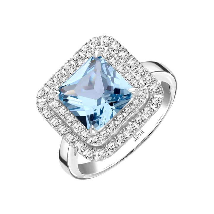 Decorum: Sterling Silver Rhodium Plated Synthetic Aquamarine Spinel Square Cut and Double CZ Halo Ring