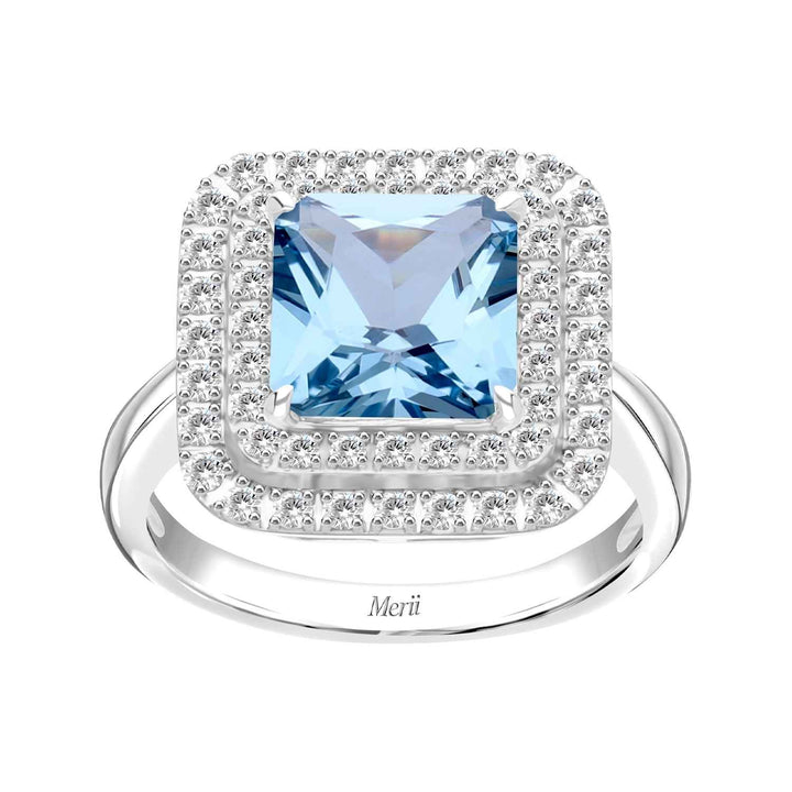 Decorum: Sterling Silver Rhodium Plated Synthetic Aquamarine Spinel Square Cut and Double CZ Halo Ring