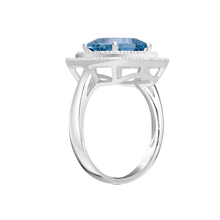 Decorum: Sterling Silver Rhodium Plated Synthetic Aquamarine Spinel Square Cut and Double CZ Halo Ring