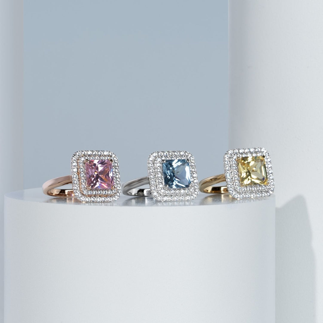 Decorum: Sterling Silver Rhodium Plated Synthetic Aquamarine Spinel Square Cut and Double CZ Halo Ring