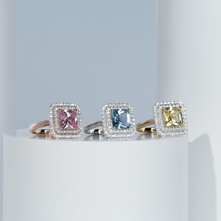 Decorum: Sterling Silver Rhodium Plated Synthetic Aquamarine Spinel Square Cut and Double CZ Halo Ring