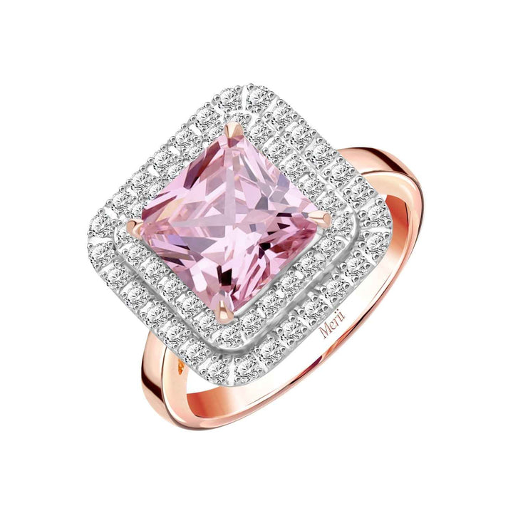 Decorum: Sterling Silver Rose Gold Plated Pink CZ Square Cut and Double CZ Halo Ring