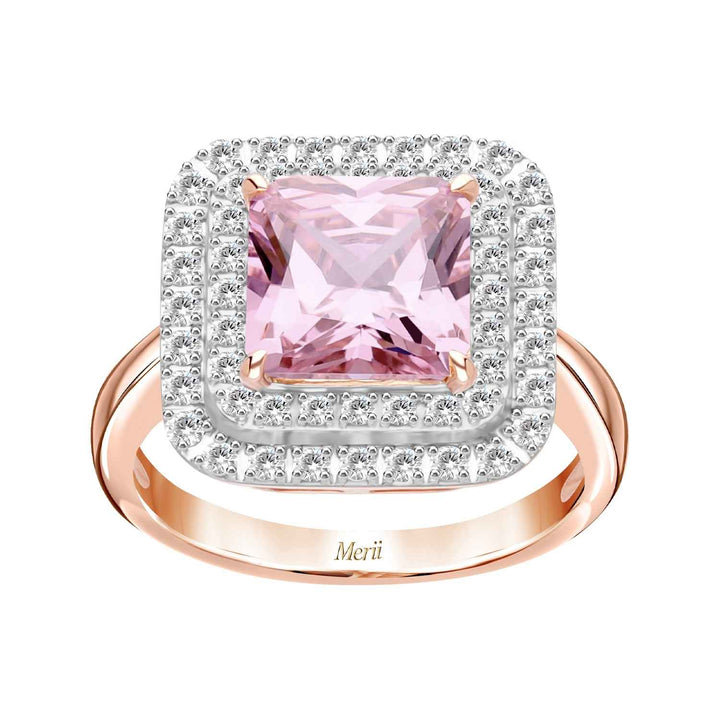 Decorum: Sterling Silver Rose Gold Plated Pink CZ Square Cut and Double CZ Halo Ring