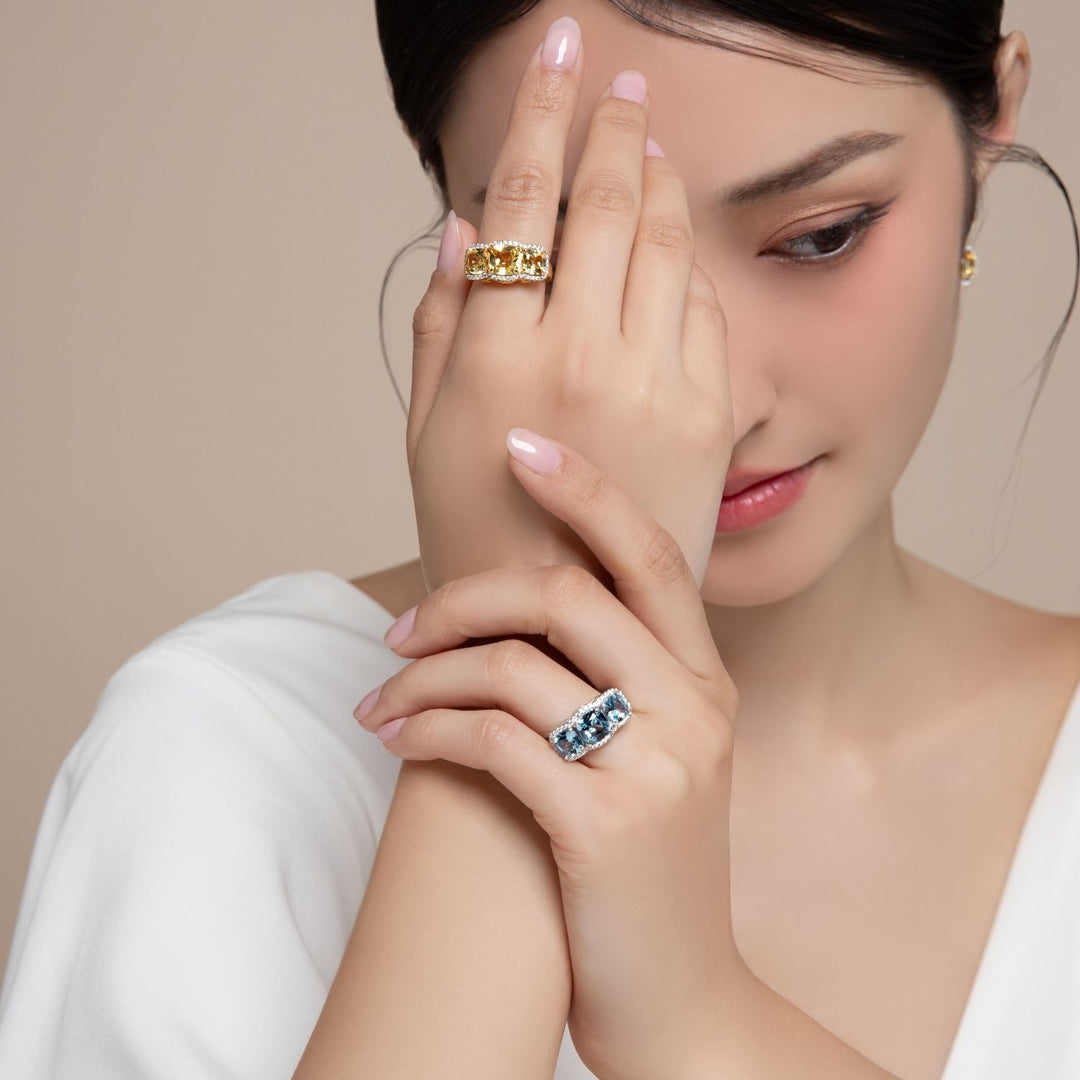 Decorum: Sterling Silver 23K Gold Plated Triple Citrine Nanocrystal Cushion and CZ Ring