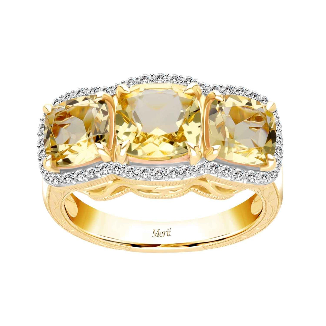 Decorum: Sterling Silver 23K Gold Plated Triple Citrine Nanocrystal Cushion and CZ Ring