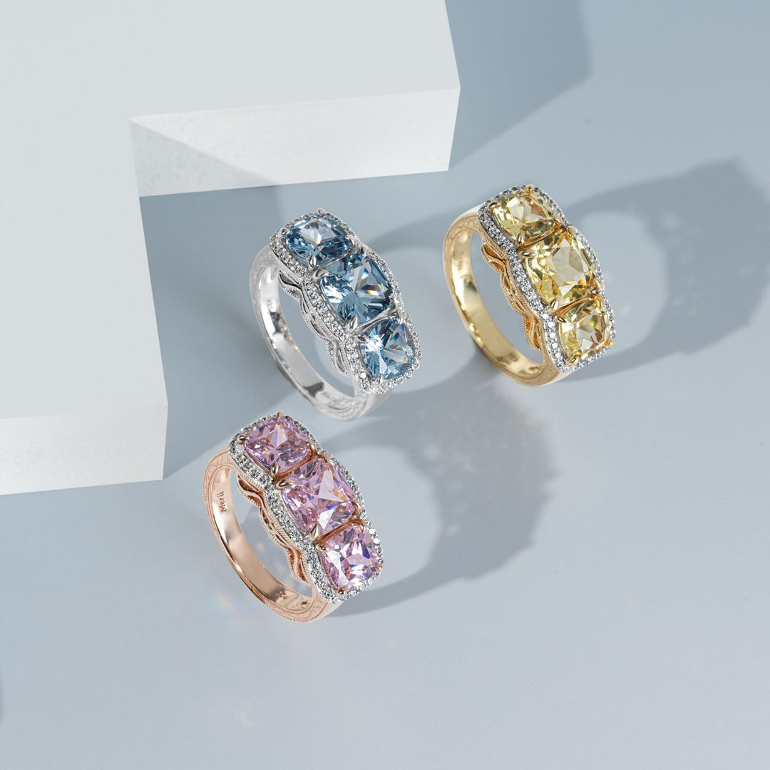 Decorum: Sterling Silver 23K Gold Plated Triple Citrine Nanocrystal Cushion and CZ Ring