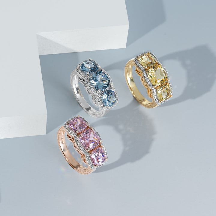 Decorum: Sterling Silver 23K Gold Plated Triple Citrine Nanocrystal Cushion and CZ Ring