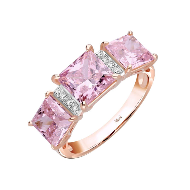 Decorum: Sterling Silver Rose Gold Plated Triple Pink CZ Princess Cut Ring