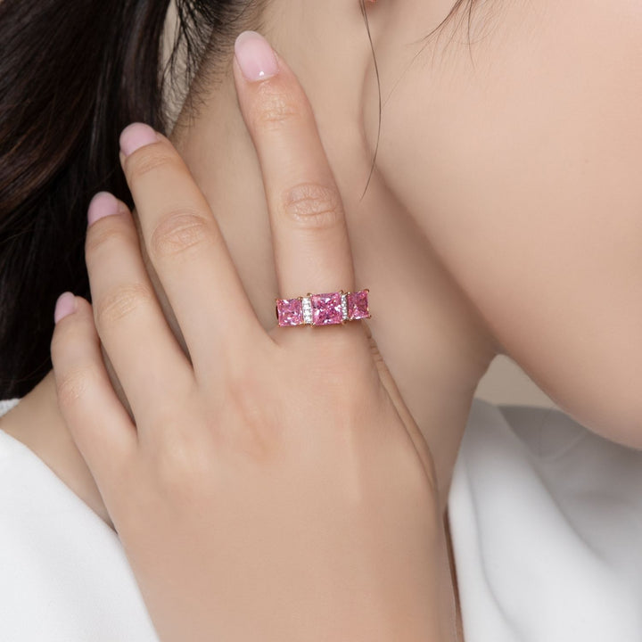 Decorum: Sterling Silver Rose Gold Plated Triple Pink CZ Princess Cut Ring