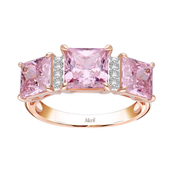 Decorum: Sterling Silver Rose Gold Plated Triple Pink CZ Princess Cut Ring