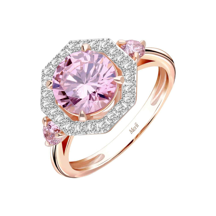 Decorum: Sterling Silver Rose Gold Plated Pink CZ Round and Halo Ring