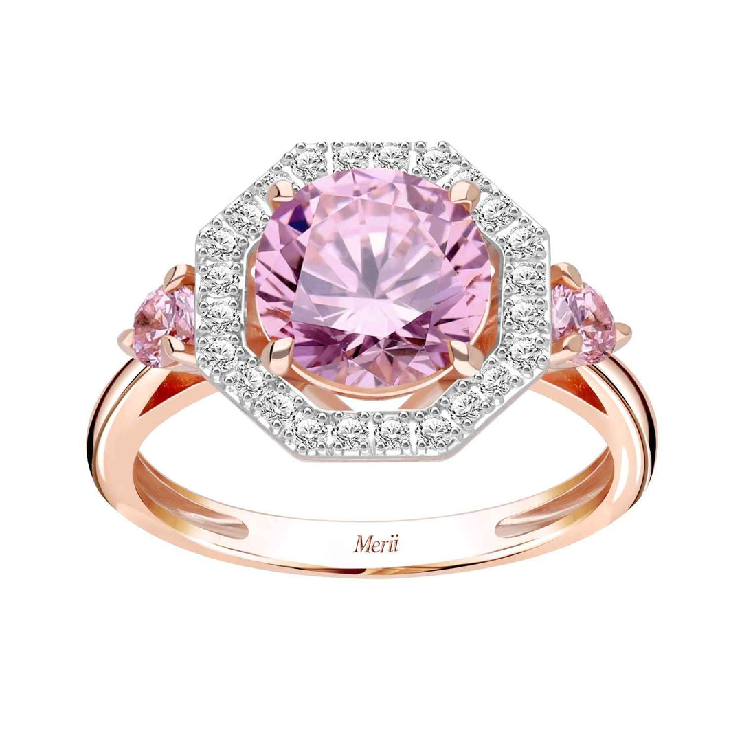 Decorum: Sterling Silver Rose Gold Plated Pink CZ Round and Halo Ring