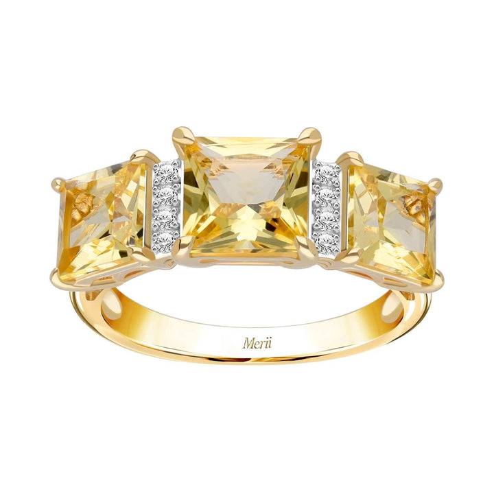 Decorum: แหวนเงินชุบทองประดับ Citrine Nanocrystal ทรง Princess Cut 3 เม็ด