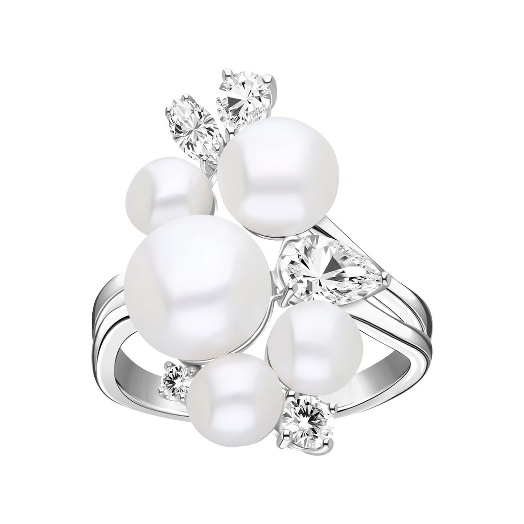 Classic Pearl: Sterling Silver Rhodium Plated Cluster Princessl & CZ Ring