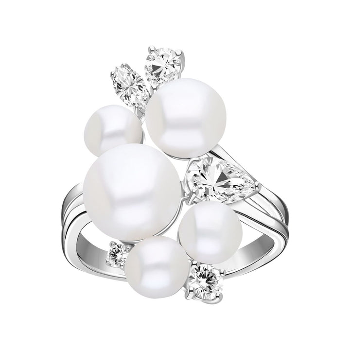 Classic Pearl: Sterling Silver Rhodium Plated Cluster Princessl & CZ Ring