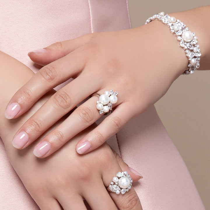 Classic Pearl: Sterling Silver Rhodium Plated Cluster Princessl & CZ Ring