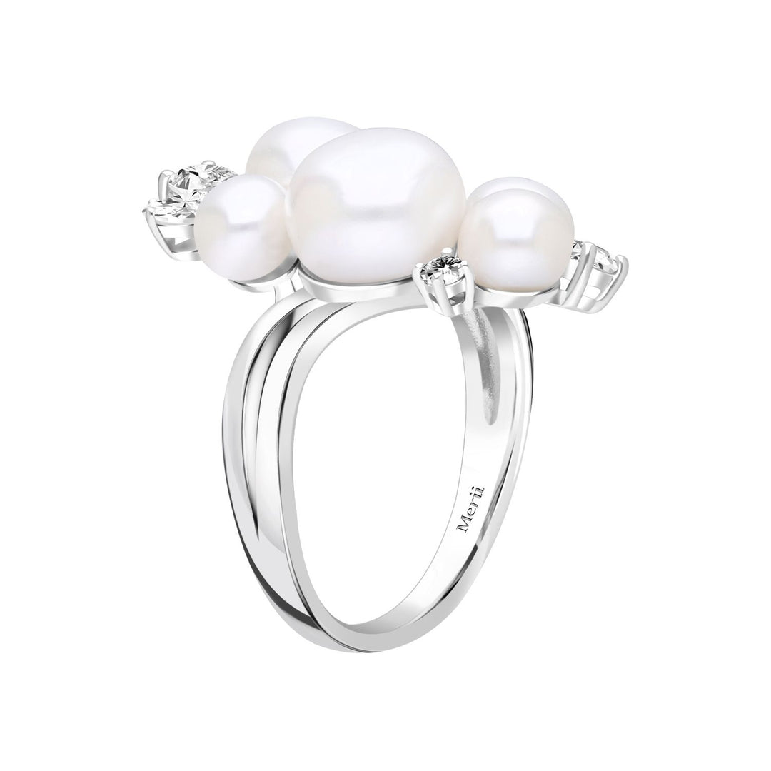 Classic Pearl: Sterling Silver Rhodium Plated Cluster Princessl & CZ Ring