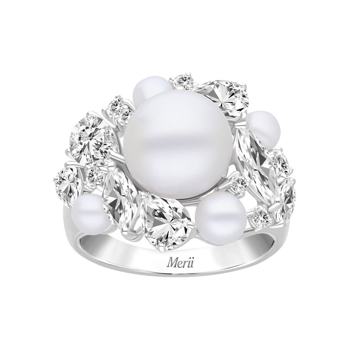 Classic Pearl: Sterling Silver Rhodium Plated Multi-Cut CZ & Princessl Cluster Ring