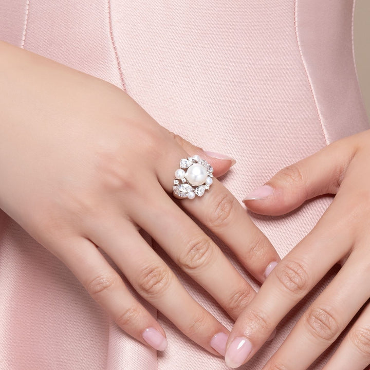 Classic Pearl: Sterling Silver Rhodium Plated Multi-Cut CZ & Princessl Cluster Ring
