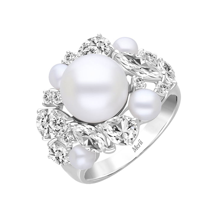 Classic Pearl: Sterling Silver Rhodium Plated Multi-Cut CZ & Princessl Cluster Ring