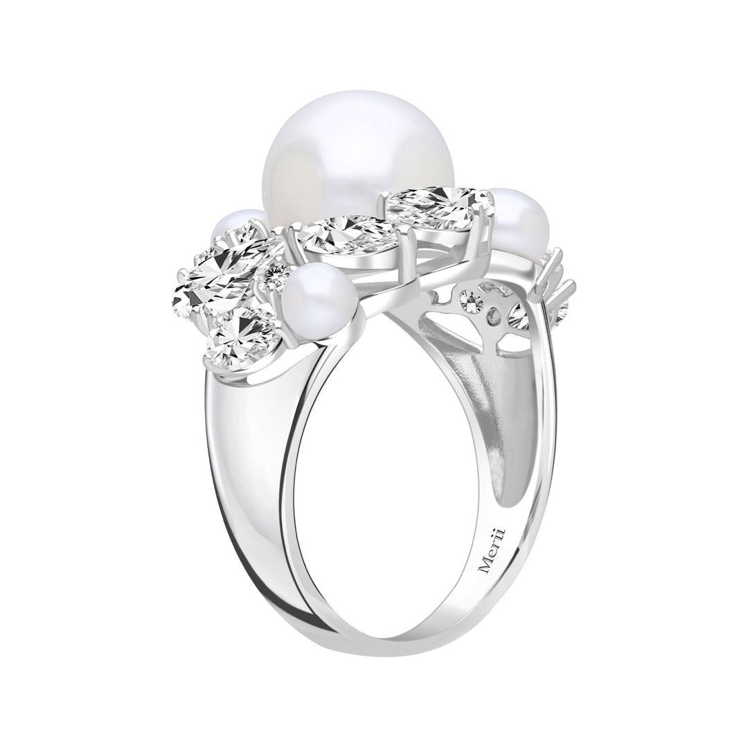 Classic Pearl: Sterling Silver Rhodium Plated Multi-Cut CZ & Princessl Cluster Ring