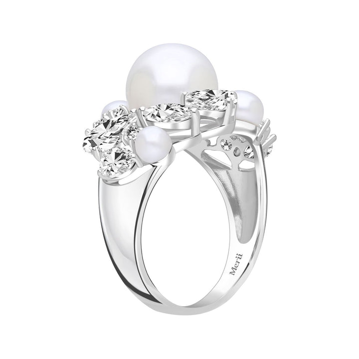 Classic Pearl: Sterling Silver Rhodium Plated Multi-Cut CZ & Princessl Cluster Ring