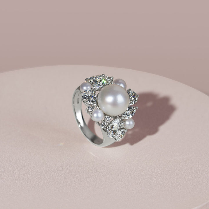 Classic Pearl: Sterling Silver Rhodium Plated Multi-Cut CZ & Princessl Cluster Ring