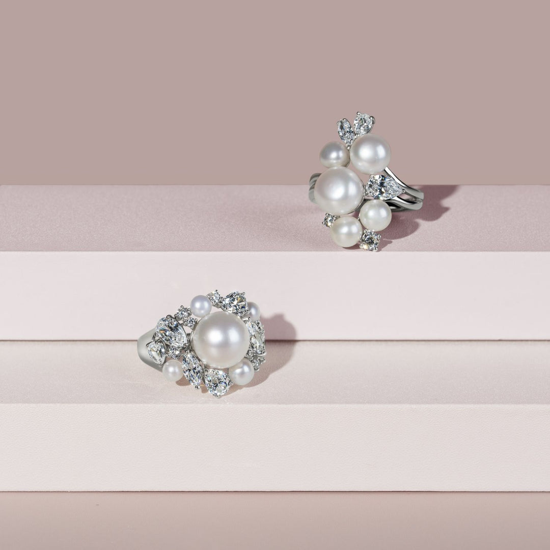 Classic Pearl: Sterling Silver Rhodium Plated Multi-Cut CZ & Princessl Cluster Ring