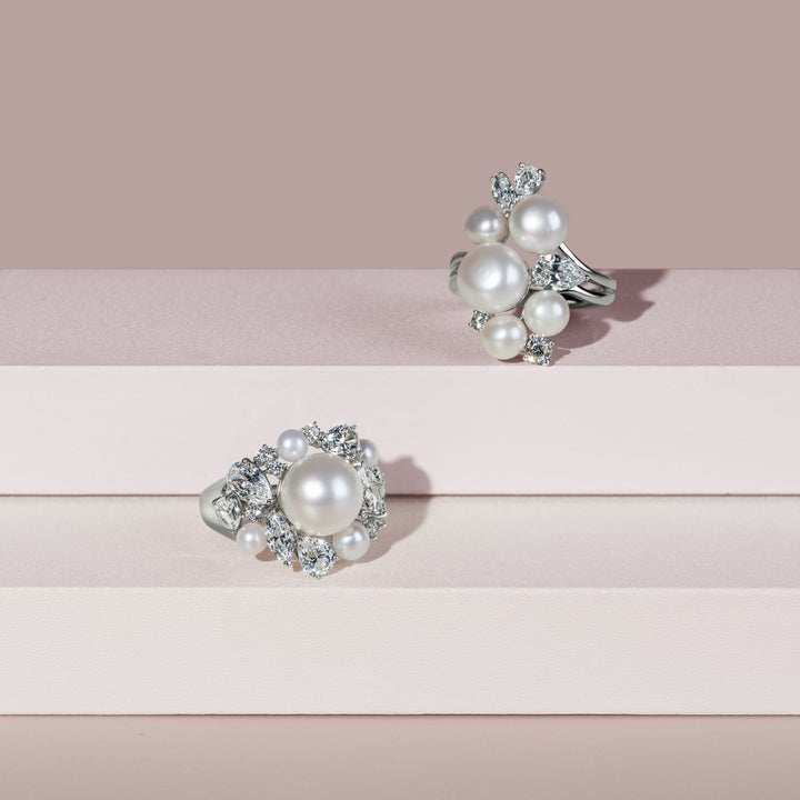 Classic Pearl: Sterling Silver Rhodium Plated Multi-Cut CZ & Princessl Cluster Ring