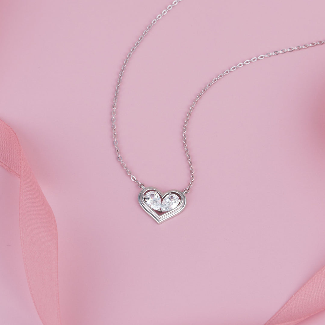 To Have and To Hold: Rhodium Plated 925 Sterling Silver Heart Necklace with Pear Cut Cubic Zirconia