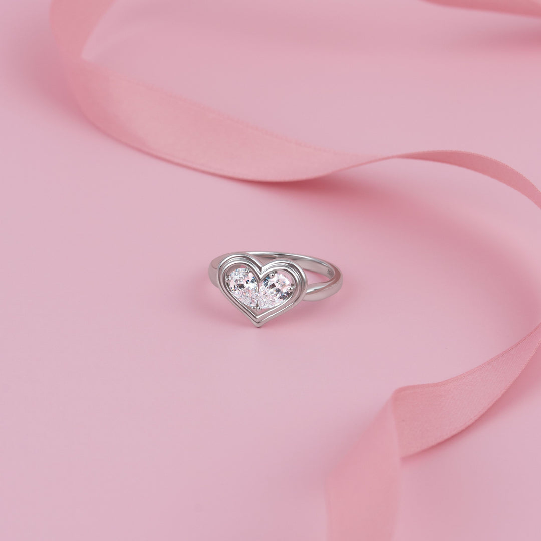 To Have and To Hold: Rhodium Plated 925 Sterling Silver Heart Ring with Pear Cut Cubic Zirconia