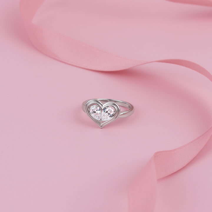 To Have and To Hold: Rhodium Plated 925 Sterling Silver Heart Ring with Pear Cut Cubic Zirconia