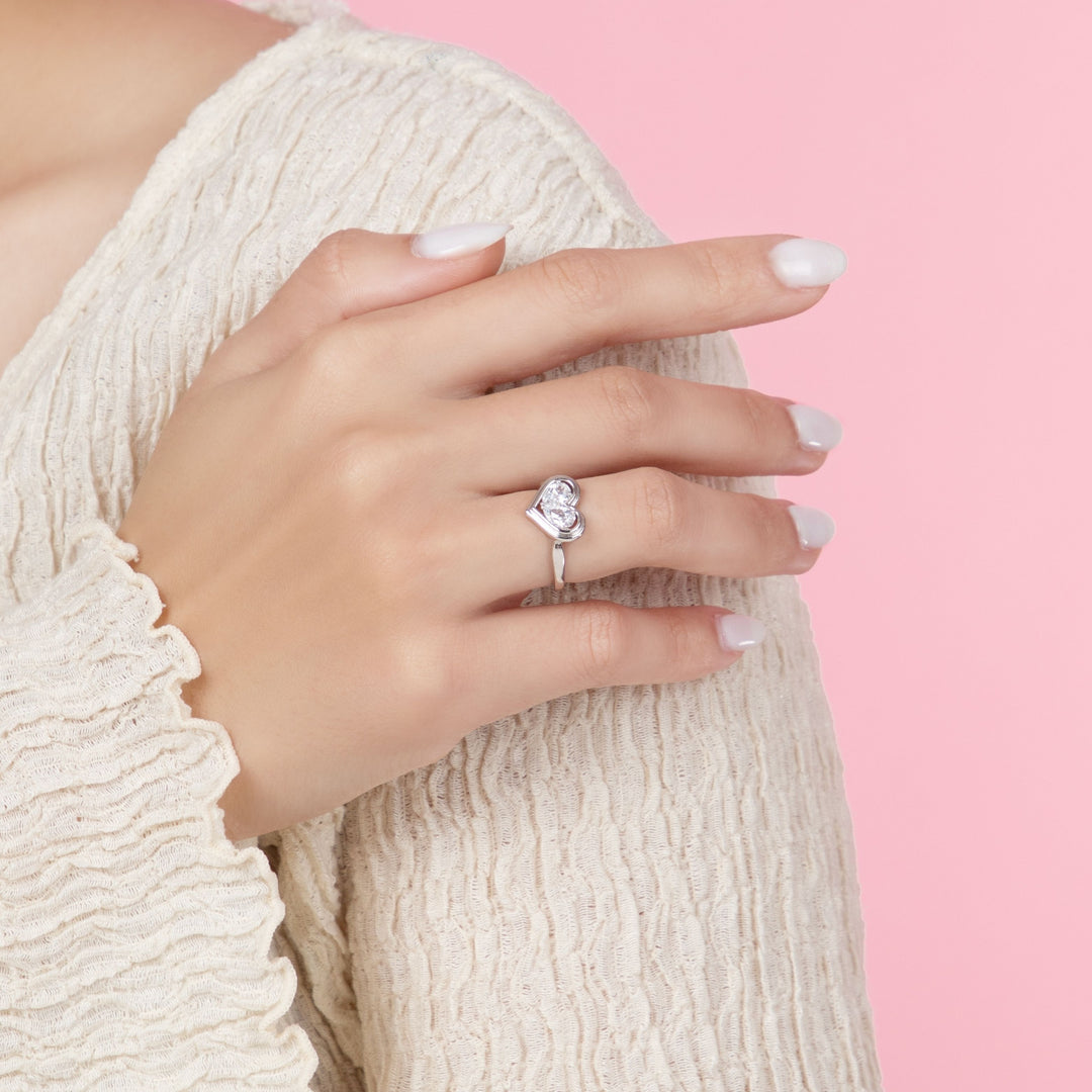To Have and To Hold: Rhodium Plated 925 Sterling Silver Heart Ring with Pear Cut Cubic Zirconia
