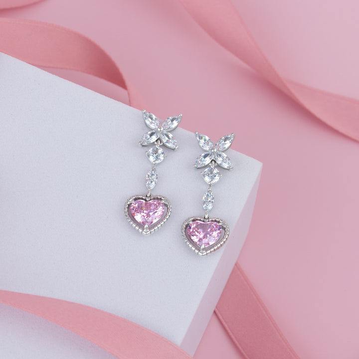 To Have and To Hold: Rhodium Plated 925 Sterling Silver Heart Earrings with Pink Cubic Zirconia