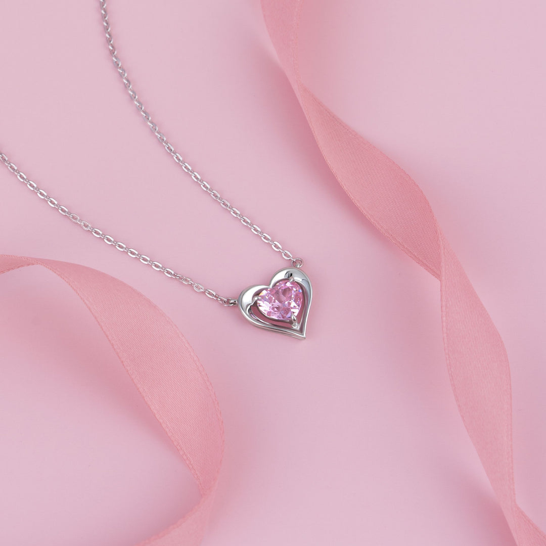 To Have and To Hold: Rhodium Plated 925 Sterling Silver Heart Necklace with Pink Cubic Zirconia