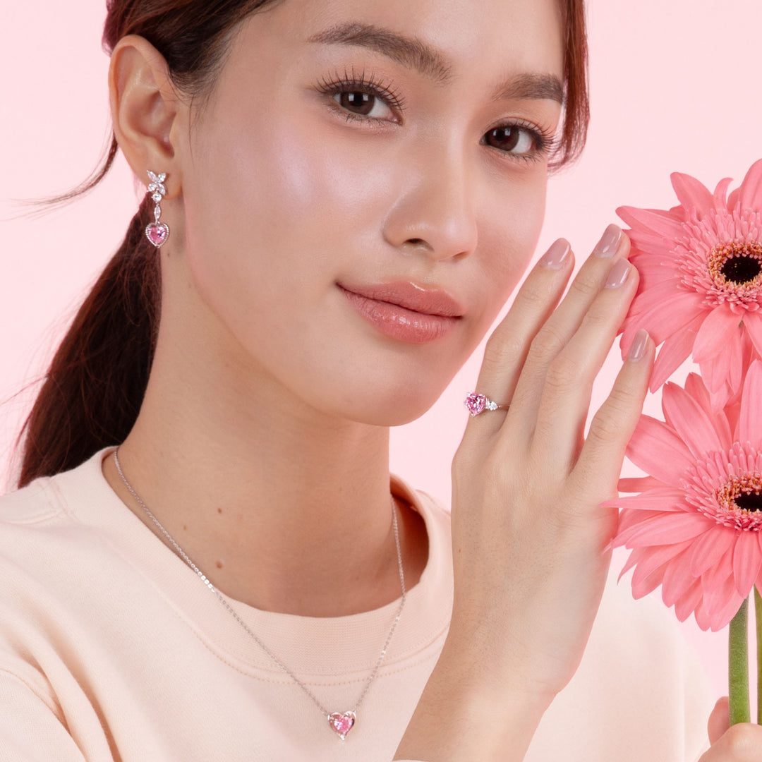 To Have and To Hold: Rhodium Plated 925 Sterling Silver Heart Necklace with Pink Cubic Zirconia