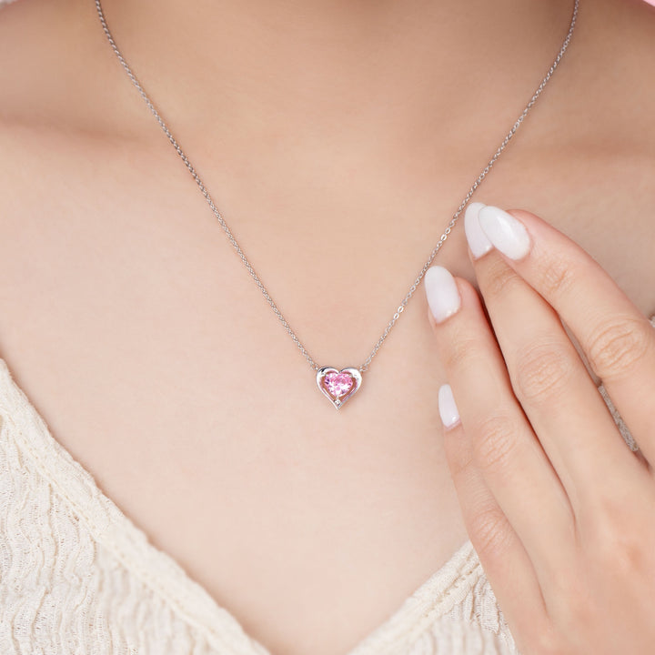 To Have and To Hold: Rhodium Plated 925 Sterling Silver Heart Necklace with Pink Cubic Zirconia