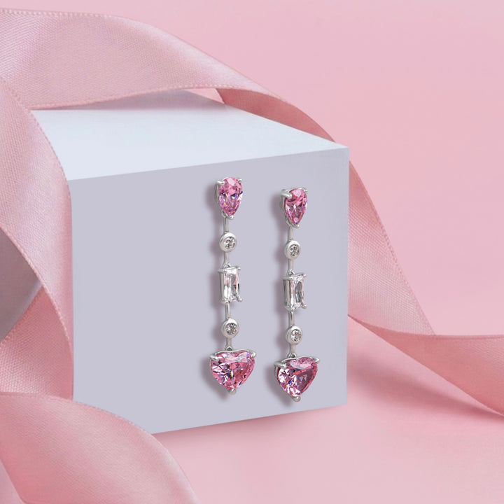 To Have and To Hold: Rhodium Plated 925 Sterling Silver Heart Earrings with Pink Cubic Zirconia